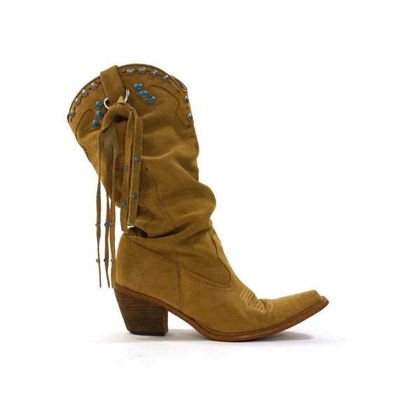 Vintage Cowboy Boots / Tan Suede with Studs & Fringe
