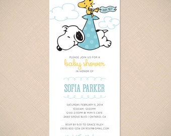 Snoopy and Woodstock Stork Cute Baby Shower Invitation Printable Digital File