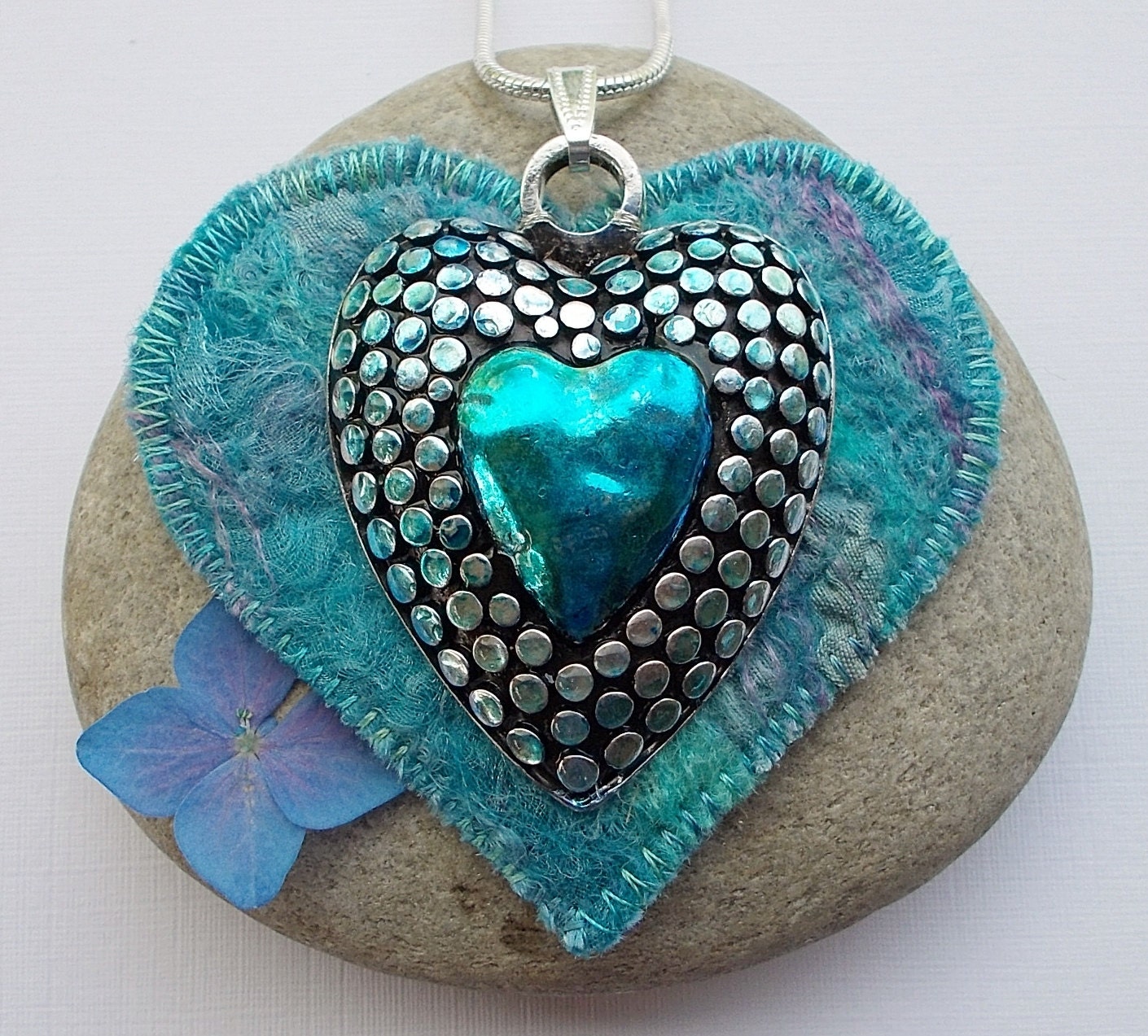 Textile and Metal Heart Pendant Necklace Turquoise and Teal