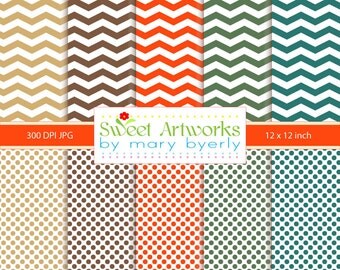 INSTANT DOWNLOAD - Chevron and Polka Dot Digital Printable 12" x 12" High Resolution JPG Papers Scrapbooking cream brown orange green teal