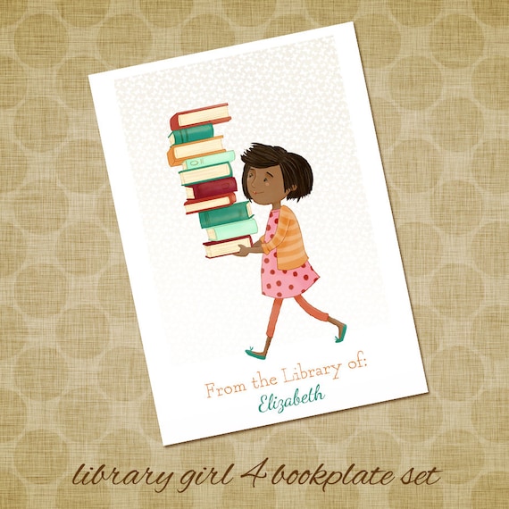 Personalized Bookplates Library Girl 4 Set by TheFoxandTheTeacup