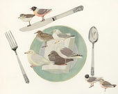 Dinner at the shore.  Limited edition print of an original mixed media collage by Vivienne Strauss.