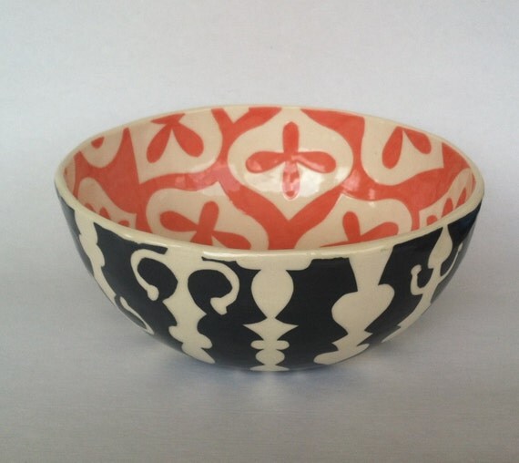 Items similar to Ornate Grey and coral Serving Bowlhandmade cetamic