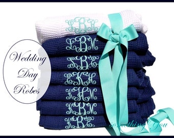 Bridesmaid Robes Set of 6 Monogrammed - Personalized Blue Navy Six Wedding Waffle Weave Bridesmaid Robes, Wedding Party- Bridal Party