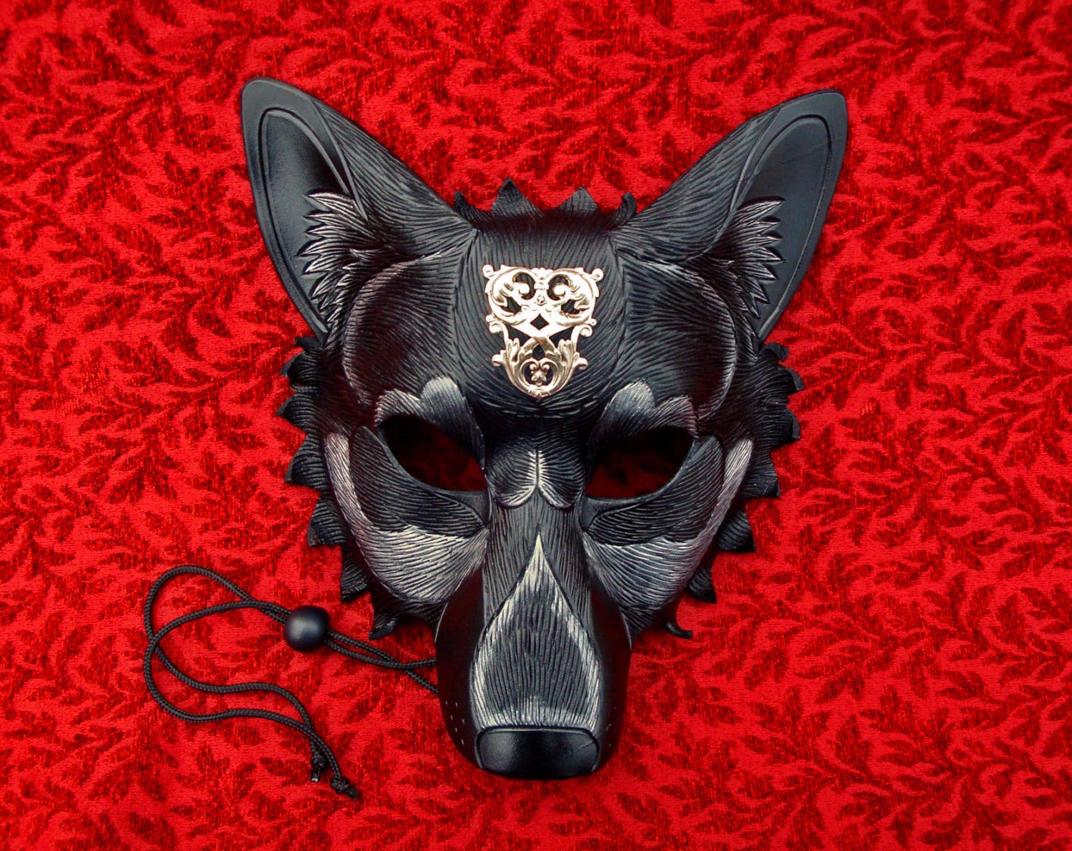 Black Wolf Mask With Silver Flourish... handmade leather mask