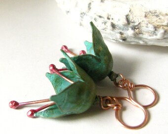 Verdigris Earrings, Green Patina Earrings, Brass And Copper Flower Earrings, Mixed Metal Earrings, Artisan Jewelry, Wabi Sabi Flower