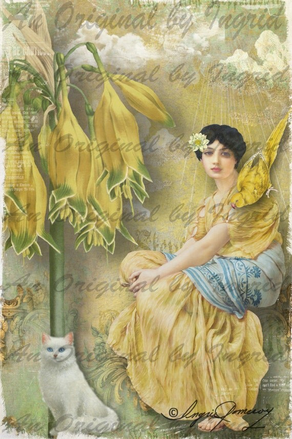Pretty Maiden and the Yellow Parrott Digital Collage Greeting Card (Suitable for Framing)
