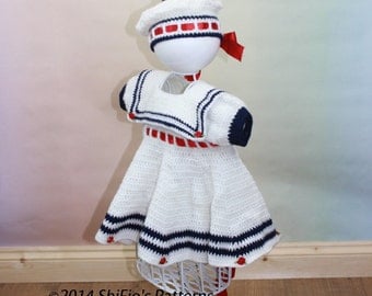 Crochet pattern For Baby Sailor Dress & Beret in 3 Sizes PDF 184 Digital Download, UK, USA, Français