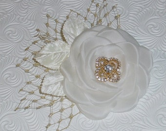 Wedding Headpiece Ivory Flower Fascinator - Made to Order in Gold or Silver with Ivory White or Champagne