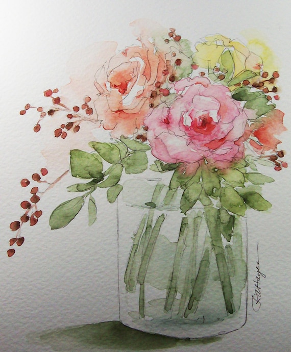 Bouquet of Roses Original Watercolor Painting Flowers
