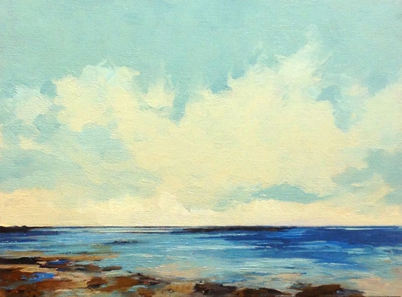 ASHORE, oil landscape painting original 100% charity donation, 9X12 canvas panel, clouds, river, lake, shore