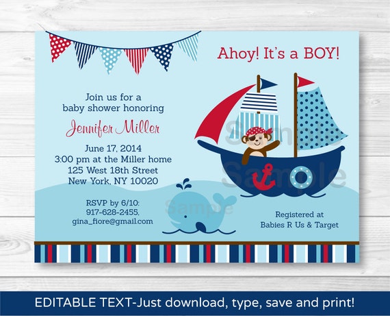 Pirate Whale Baby Shower Invitation INSTANT DOWNLOAD Editable PDF Il_570xn