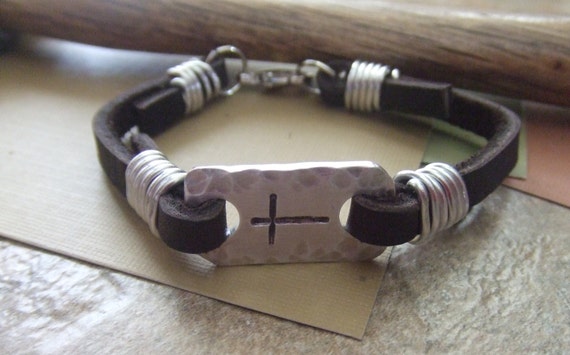Men's Leather Cross Bracelet Cross Bracelet by BraceletsbyLinda