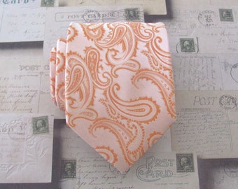 Mens Tie. Coral Peach Paisley Mens Necktie. Wedding Ties. Groomsmens Neckties