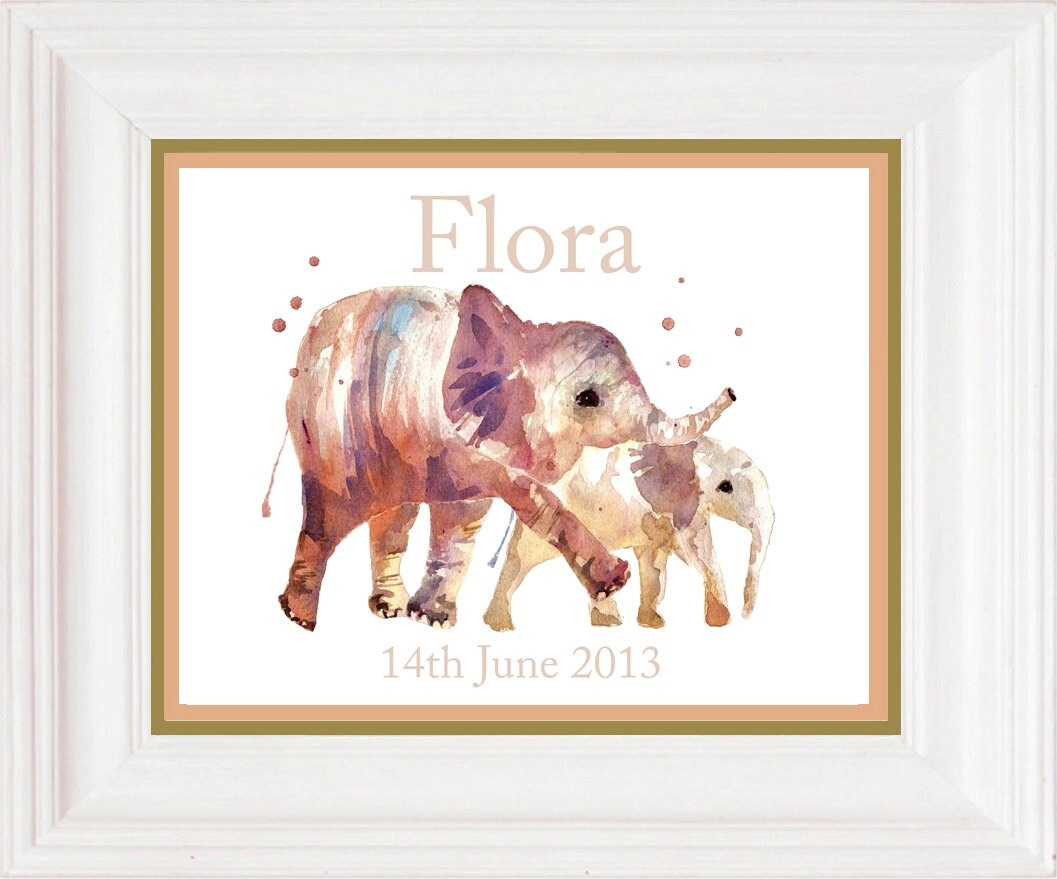 Elephant Art Baby Announcement Print Custom birth