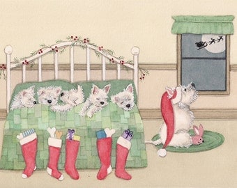 West Highland Terrier (westie) family all tucked in waiting for Santa / Lynch signed folk art print