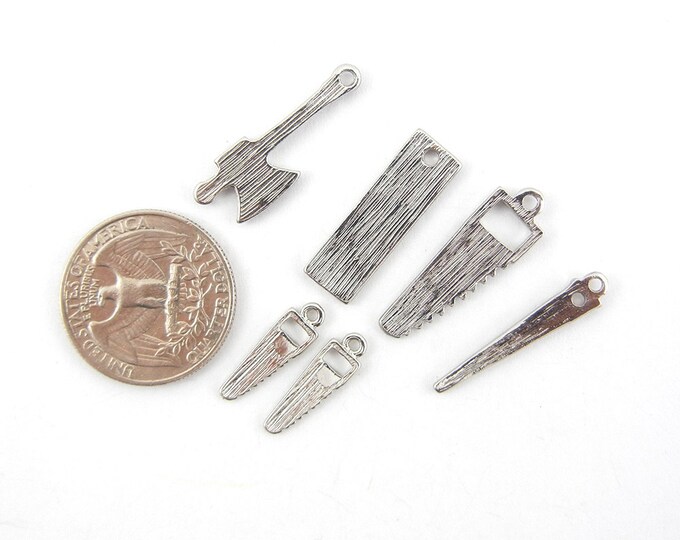 Set of Tool Charms, Saws, Axe, Ruler Silver-tone