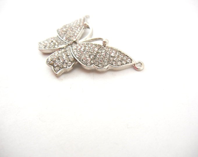 Silver-tone Double Link Rhinestone Butterfly Pendant