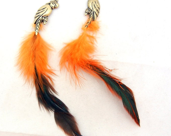 Pair of Burnished or Antique Gold-tone Parrot with Feathers Charms