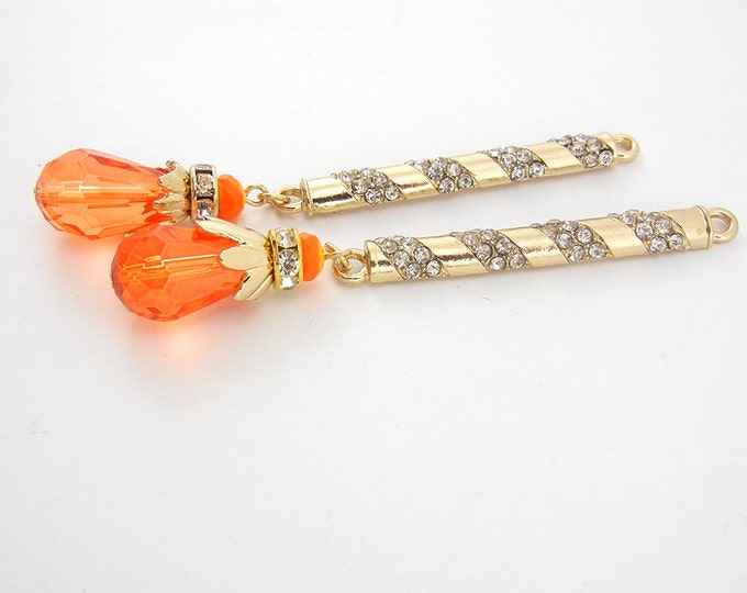 Pair of Long Gold-tone Rhinestone Orange Teardrop Charms