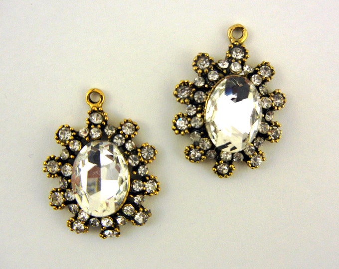 Pair of Oval Crystal Pave Burnished Gold-tone Charms