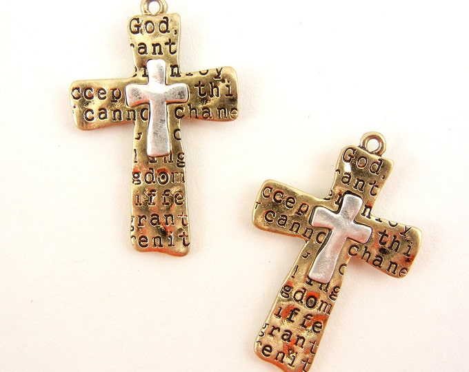 Pair of Two tone Cross Charms with Portion of the Serenity Prayer