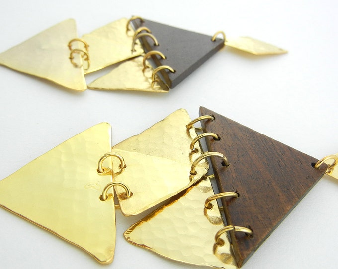 Pair of Tribal Wood and Gold-tone Hammered Metal Drop Charms