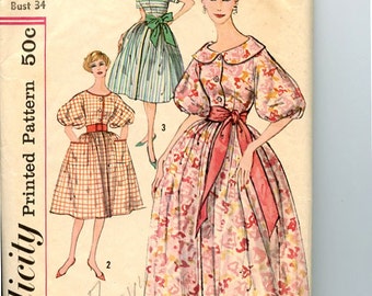Vintage 1950s Dress Simplicity 3203 Pattern Full Skirt Fit & Flare Dress has Sleeve and Neck Variations Front Button Bodice Bust 34