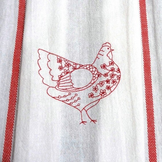 Chicken Cotton Flour Sack Hand Towel - Embroidered Towel - Redwork ...