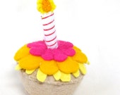 Felt Play Food Toy Cupcake with Candle and Yellow Orange and Fuscia Frosting