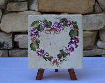 Hand Painted Tile Trivet with Heart-Shaped Straw Wreath and Magenta Flowers