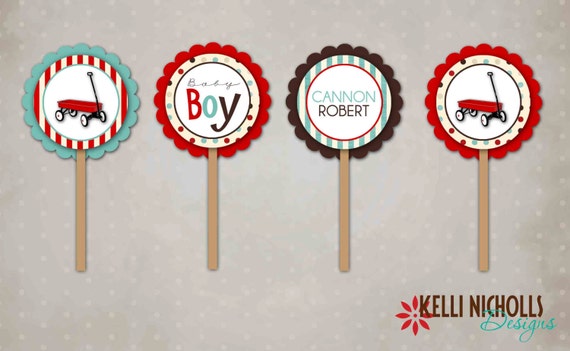 Red Wagon Baby Boy Cupcake Topper - Turquoise & Red Vintage Toys