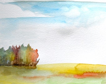 Watercolor Painting, Original Landscape, Meadow with Big Clouds, 9"x12"