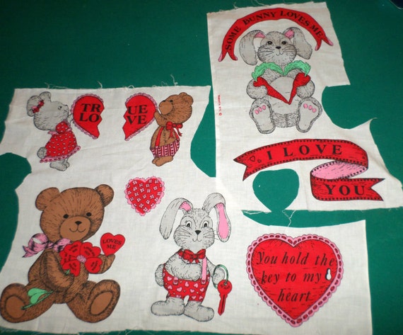 Valentines Applique Fabric - Hearts Bears Bunnies Love Appliques - Craft Supply - Sewing Supply - Make Appliques