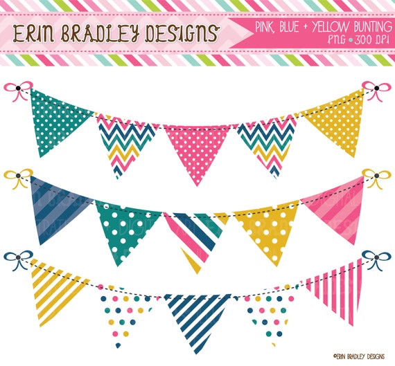 Bunting Banner Clipart Graphics Pink Yellow by ErinBradleyDesigns