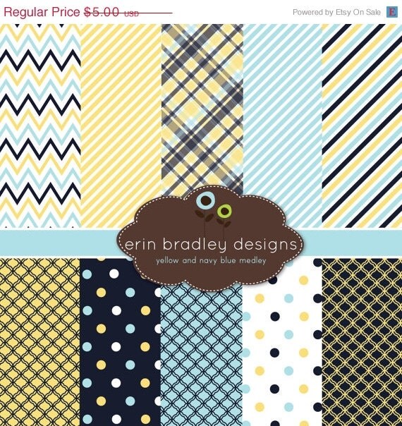 50% OFF SALE Yellow and Navy Blue Digital Paper Set Personal and Commercial Use Il_570xn
