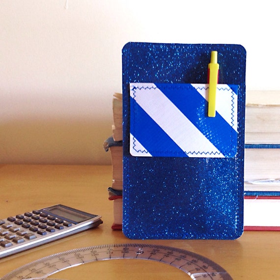 Nerd Power Vinyl Pocket Protector in ocean blue sparkle vinyl