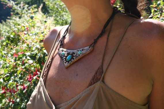 Turquoise Wood Necklace- In Oregon Myrtlewood (MOD 30A)- Wooden Jewelry, Boho Jewelry, Tribal Wood Necklace, Tribal Wood Jewelry