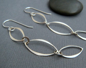 long simple silver earrings. chain earrings. sterling silver earrings. marquise dangle. large drop earrings. simple jewelry gift for her