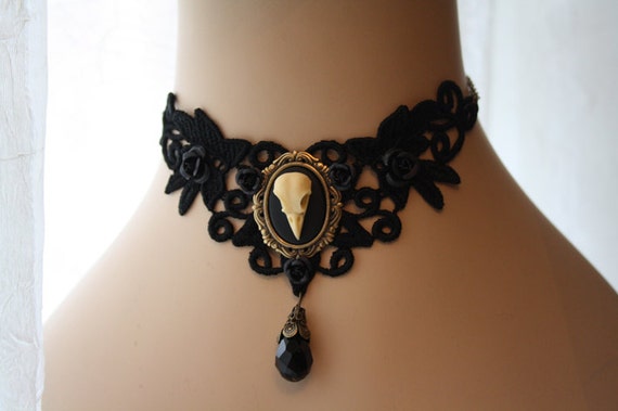 Bird Skull Choker Lace - Gothic Raven Crow Skull Death Morbid Cameo Steampunk - Black lace Roses Antiqued Gold Bronze by Poppenkraal steampunk buy now online