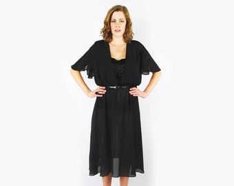Bead Fringe Dress Angel Sleeve Dress Flutter Sleeve Black Dress Sheer Dress Midi Dress 70s Dress Disco Dress Goddess Dress Party Dress M