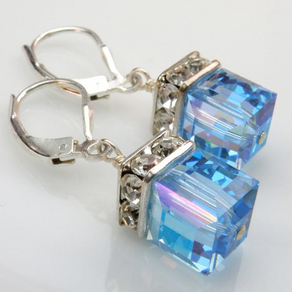 Blue Topaz Crystal Earrings Aquamarine Drop Dangle by fineheart