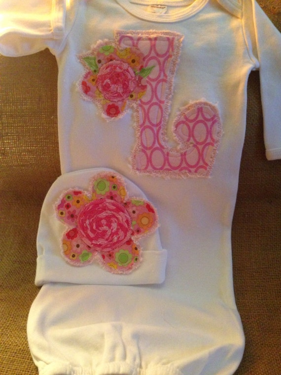 Personalized baby gown and hat initial infant gown flower