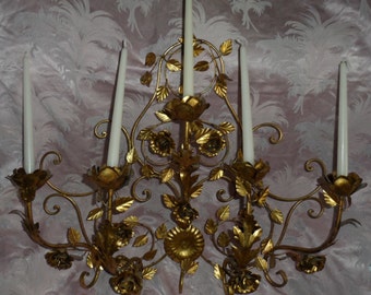 SALE! vintage Italian tole wall sconce ~Shabby French~ROSES~Wow!~34" wide~Candelabra