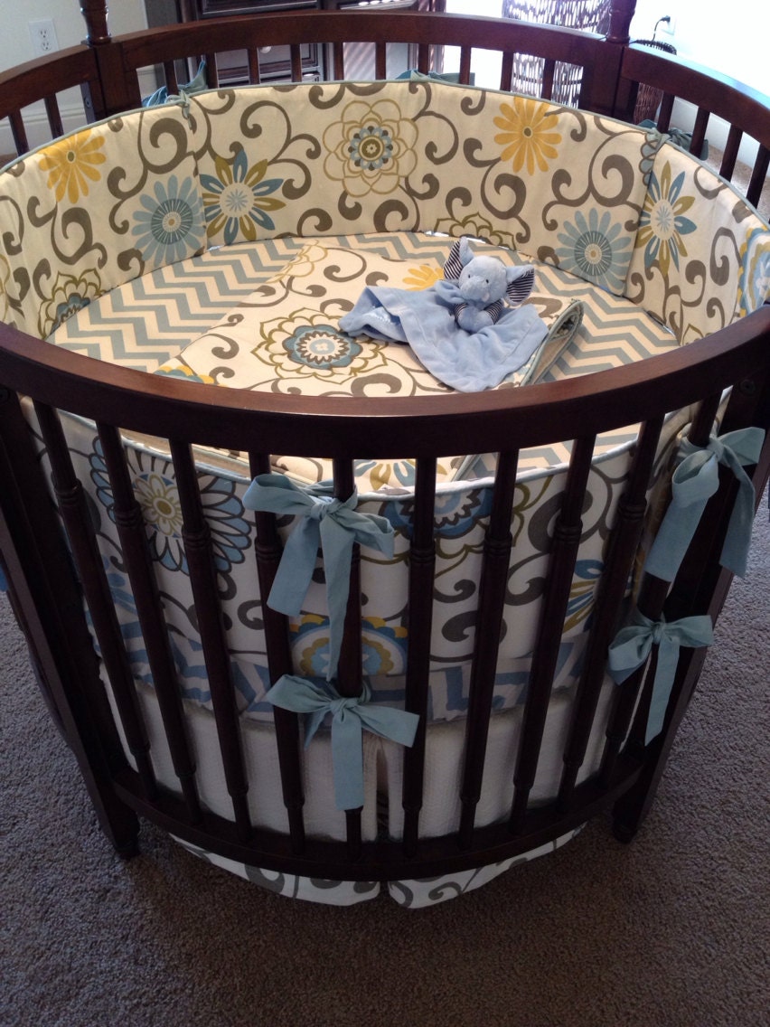 Custom Round Crib Bedding Blue Yellow and by butterbeansboutique