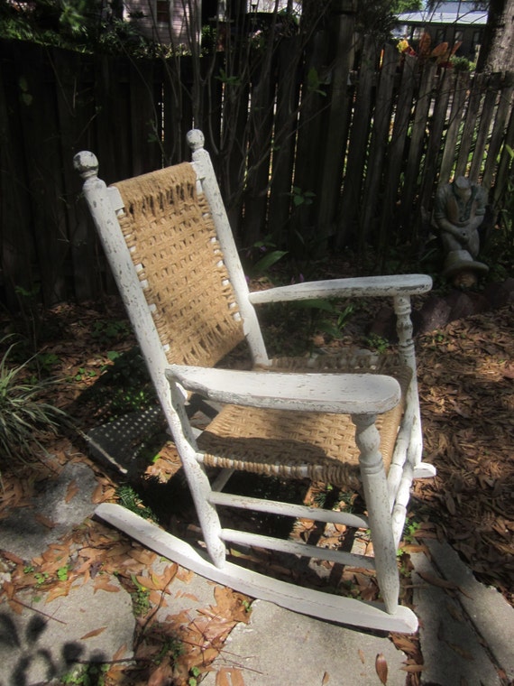 Antique Rocking Chair with Woven Jute Seat by thegypsytrunkvintage