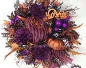 Deco Mesh Halloween Wreath For Door or Wall Black Purple Orange Glitter Pumpkin Il_170x135