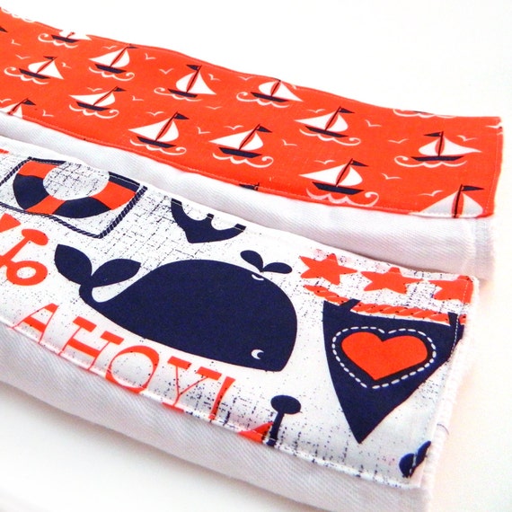 Burp Cloths -Sailboat and Whale - Orange & Navy - set of 2 - Nautical Burp Cloth // Cotton Burp Cloth / Diaper Burp Cloth / Whale Burp Cloth