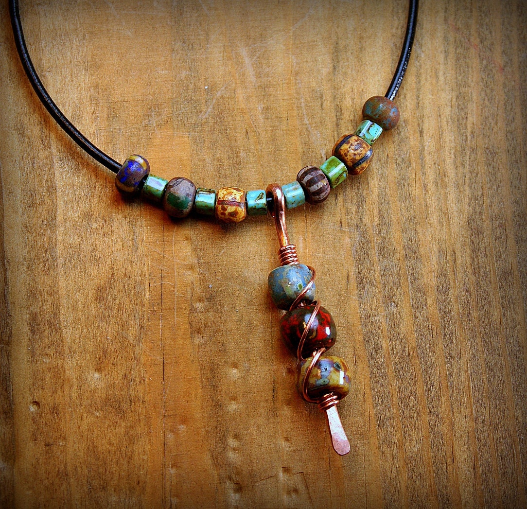 Boho Style Mixed Beads and Copper Necklace with Leather Neck