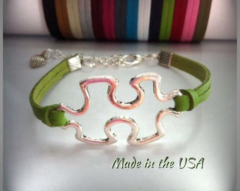 Autism bracelet Autism jewelry Mom jewelry Leather bracelet Charm bracelet Friendship bracelet Adjustable jewelry Autism charm Puzzle piece